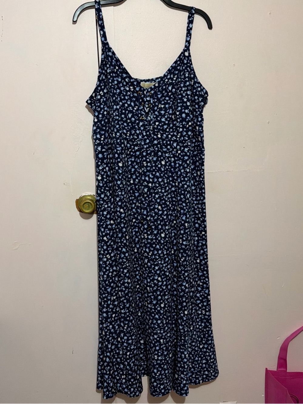 Navy Blue Floral Spaghetti Strap Midi Dress